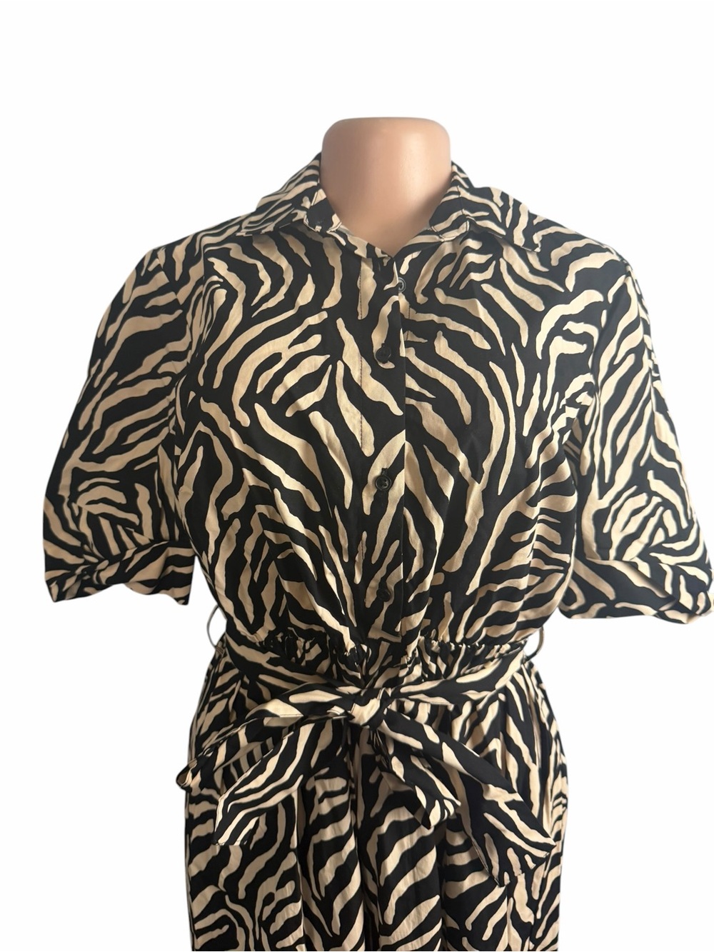 DKNY Elbow Sleeve Collared Neck Button-Front Belted Shirt Dress Zebra Print - Picture 7 of 9